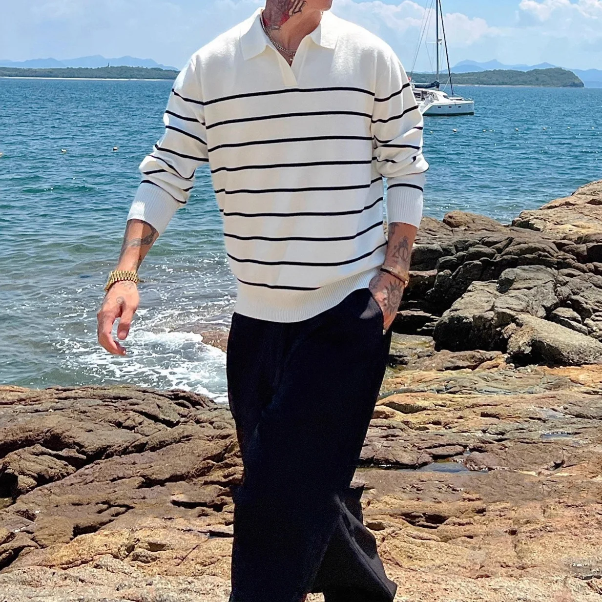 2025 outono inverno novos homens turn down collar listrado camisa polo manga longa preto branco cor bloco casual negócios topo