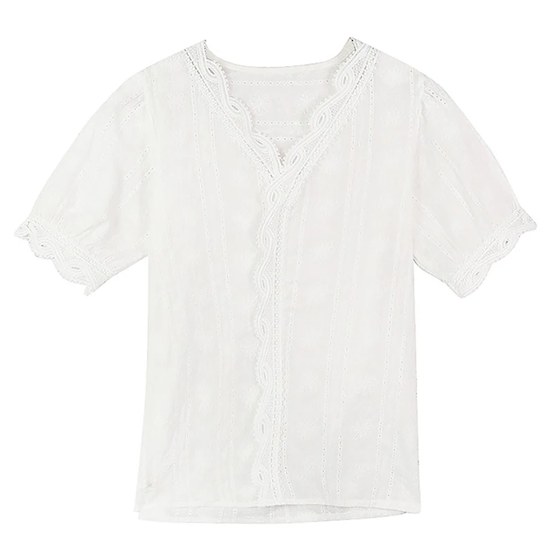 Summer Women V-Neck Blouse Casual Lace Hollow Out Sweet Loose Top Female Half Sleeves Solid Office Blouse Shirts