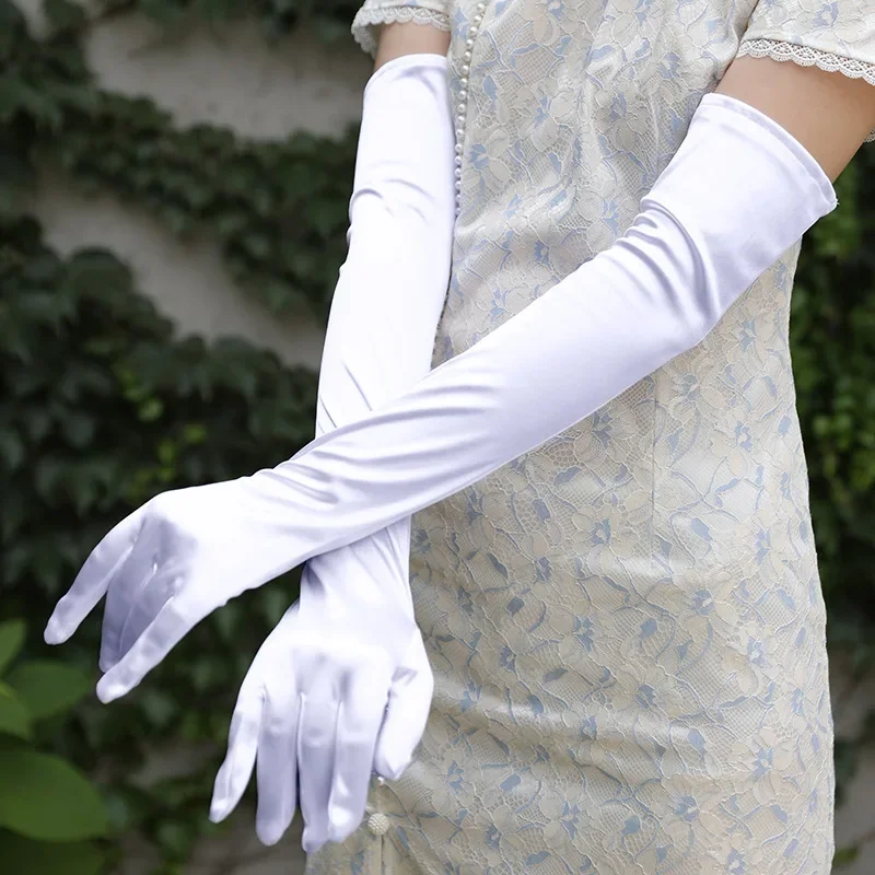 

White Satin Girls Full Finger Wedding Opera Party Gloves Formal Bridal Wedding Banque