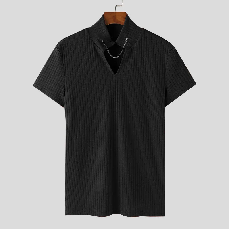 

New Chic Men T Shirt Leisure Solid Color V Neck Short Sleeve Summer Men Clothing Streetwear Business Casual Striped Tops S-2XL
