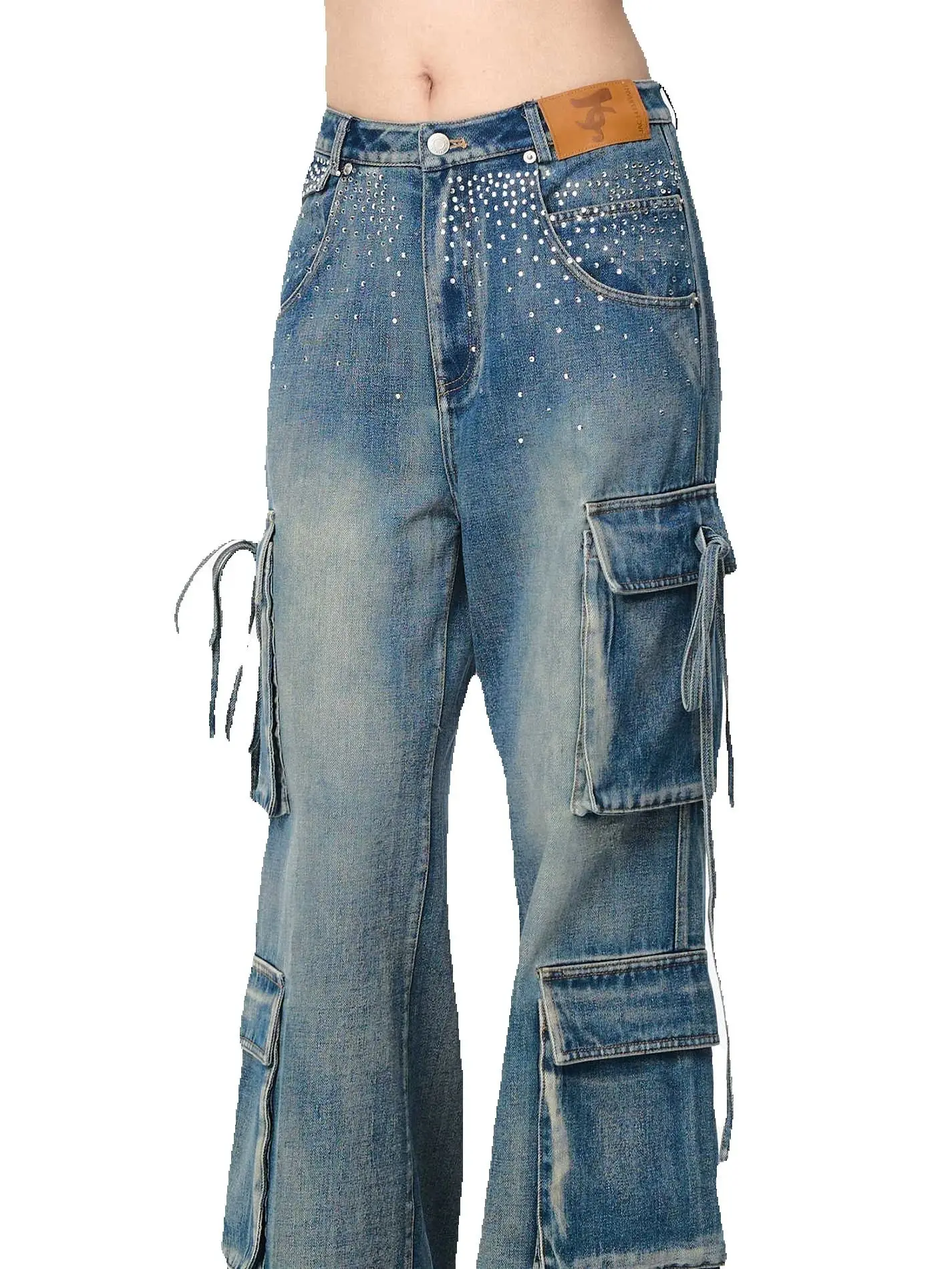 

Women Baggy Rhinestone Cargo Jean Goblin Core Korean Fashion Chic Shoujo Grunge Japanese Y2K Denim Pants 2000s High Street New