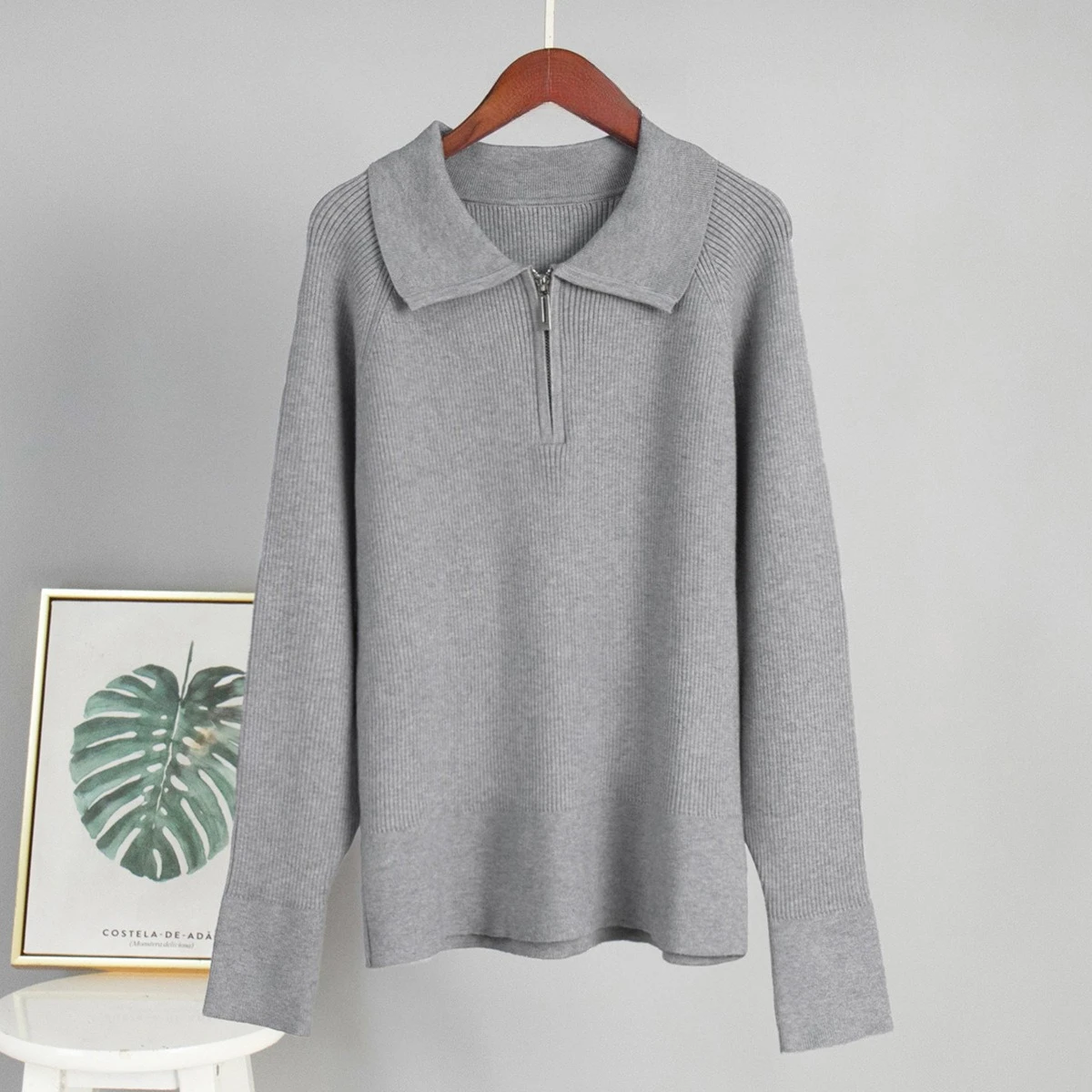 Women's Casual Quarter Zip Lapel Collar Ribbed Knit Long Sleeve Loose Pullover Sweater