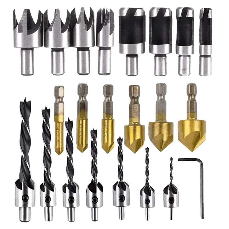 AT35 22-Pack Woodworking Chamfer Drilling Tools Drill Bits Set Wood Plug Cutter Three Pointed Countersink Drill Bits