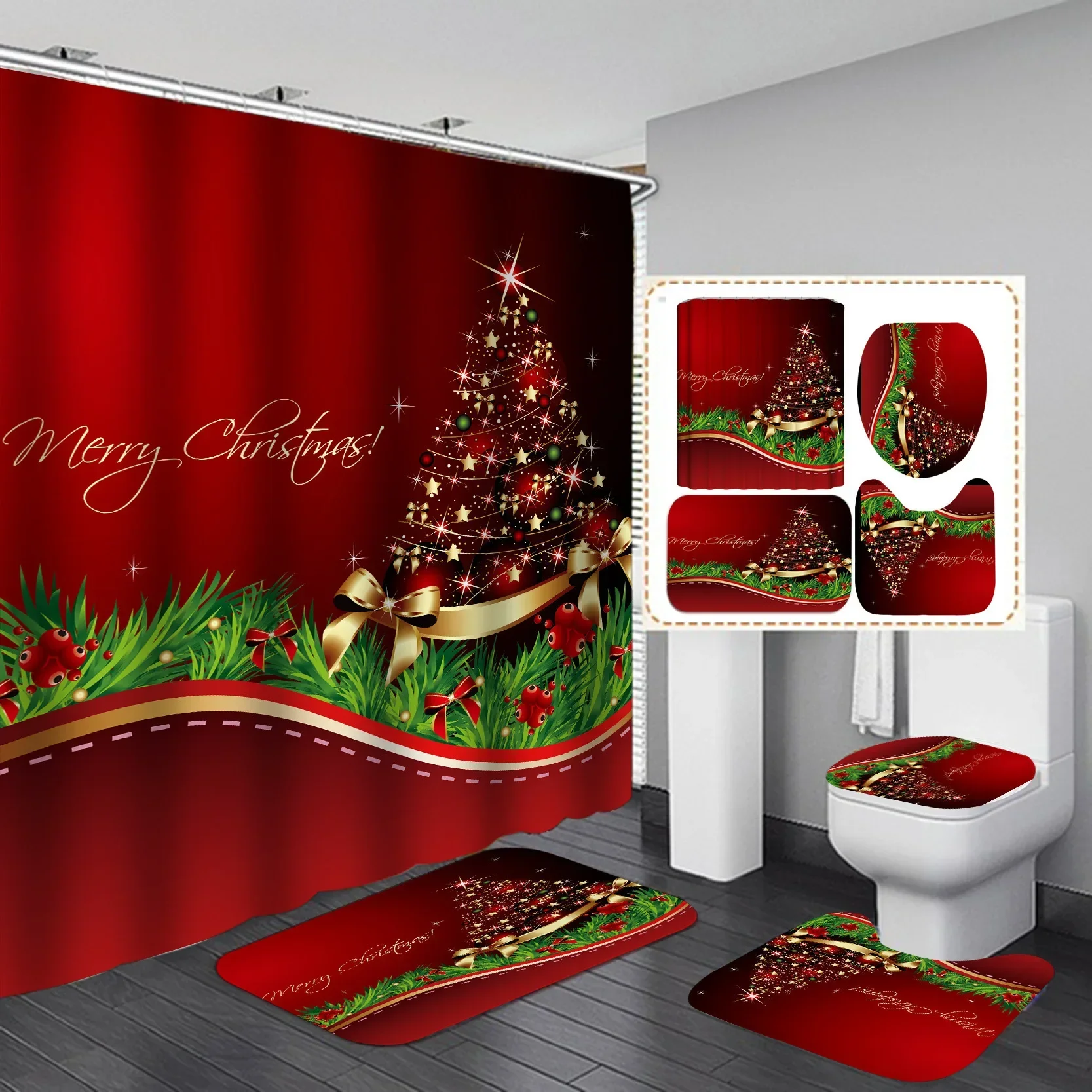 New Year Home Bathroom Curtain Decor With Hooks Christmas Snowman Shower Curtains Red Bird Berry Rabbit Winter Forest Snowflake