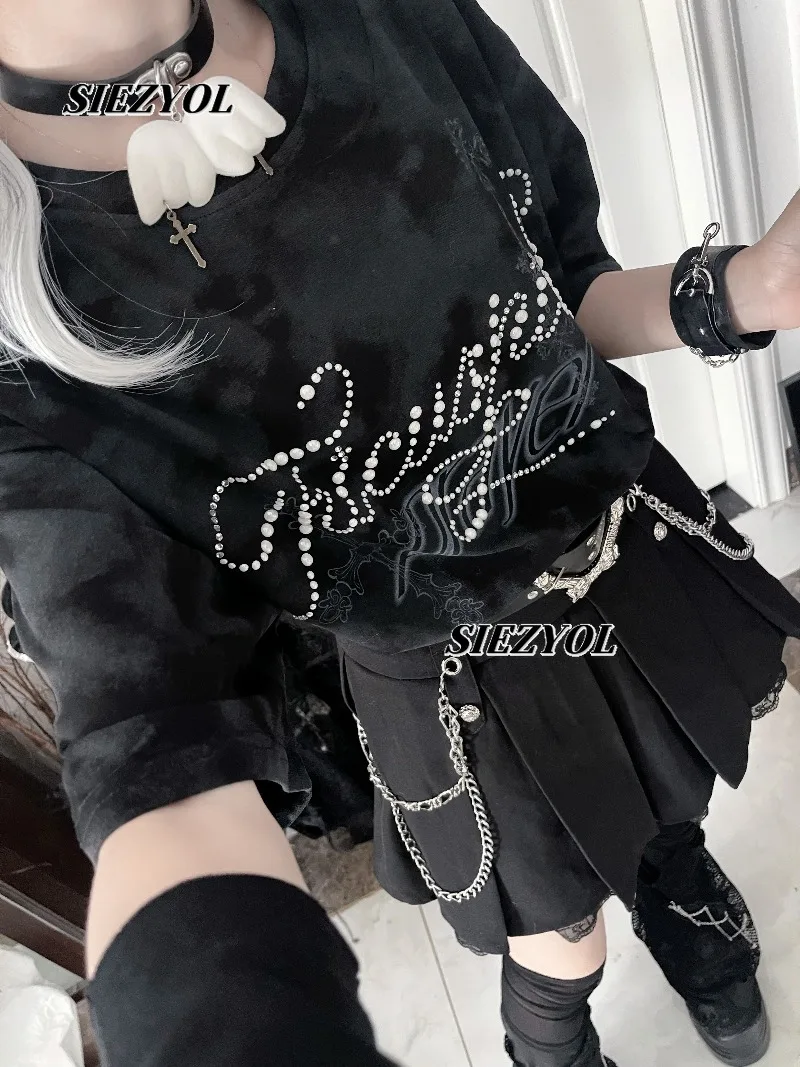 Autumn New Original Sweet Girls Bead Printing Short-sleeved T-shirt American Style Round Neck Dark Loose Casual Y2k Top