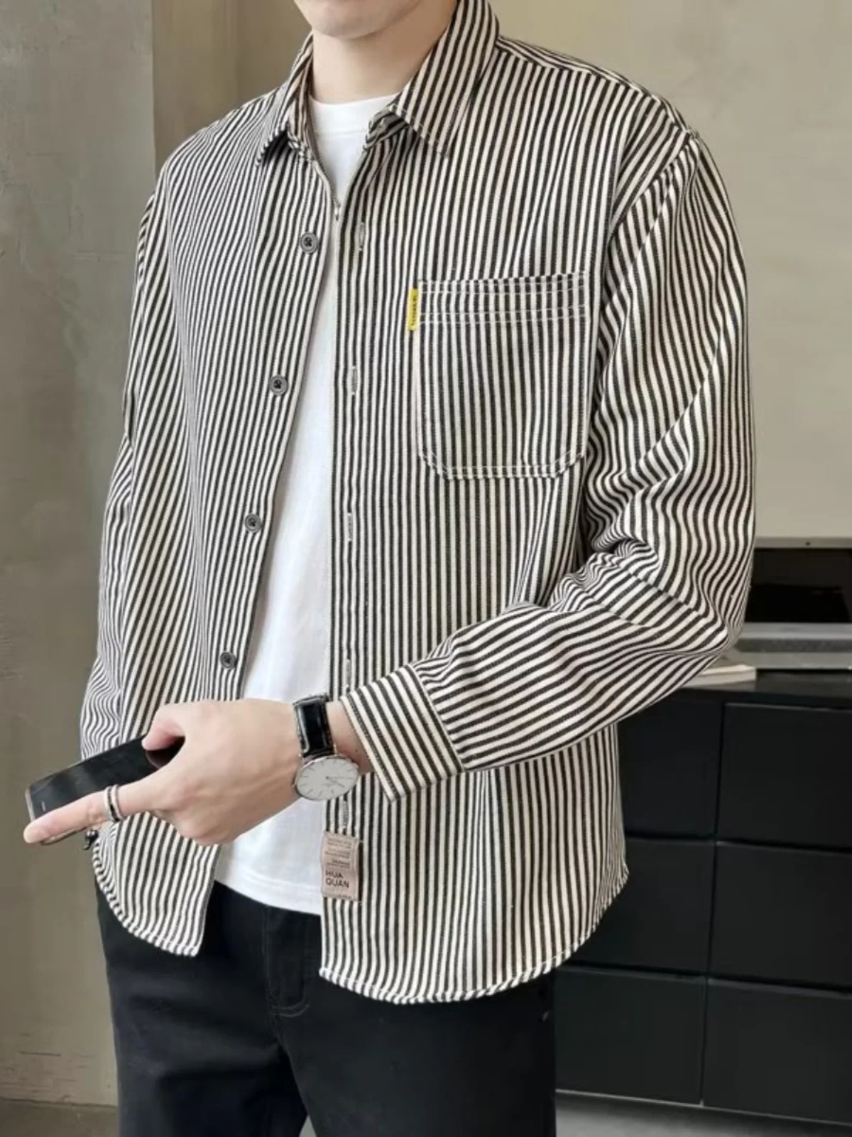 

Мужская полосатая верхняя одежда, весна-осень 2023, свободная повседневная длинная верхняя одежда све с отложным воротником, модное брендовое пальто Haome