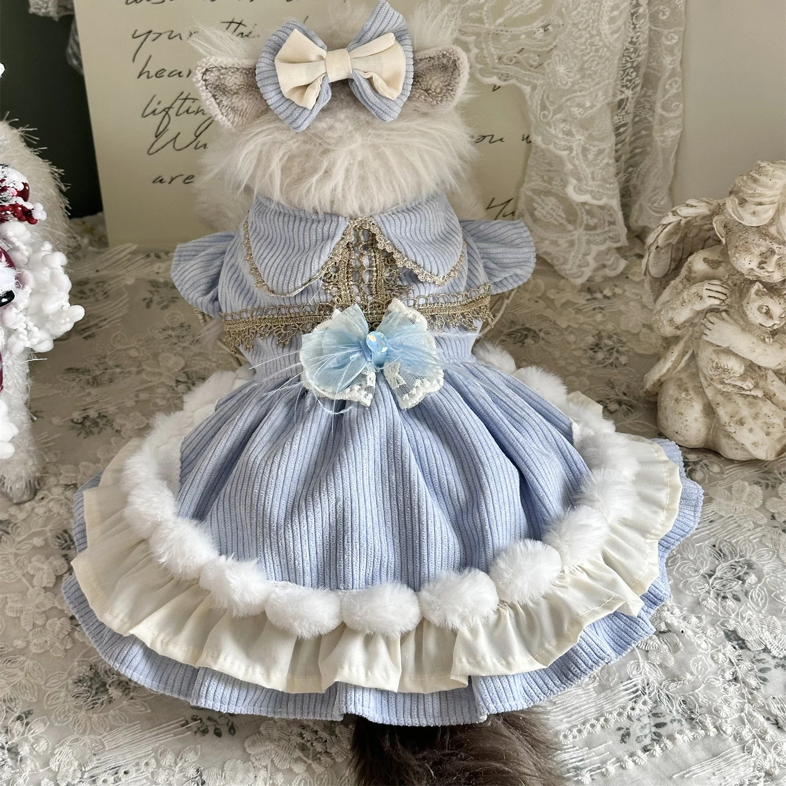 

Корейская синяя одежда для щенков, одежда из чистого хлопка, платья принцессы Лолиты ручной работы для маленьких и средних собак, одежда для чихуахуа, пуделя, одежда для домашних животных