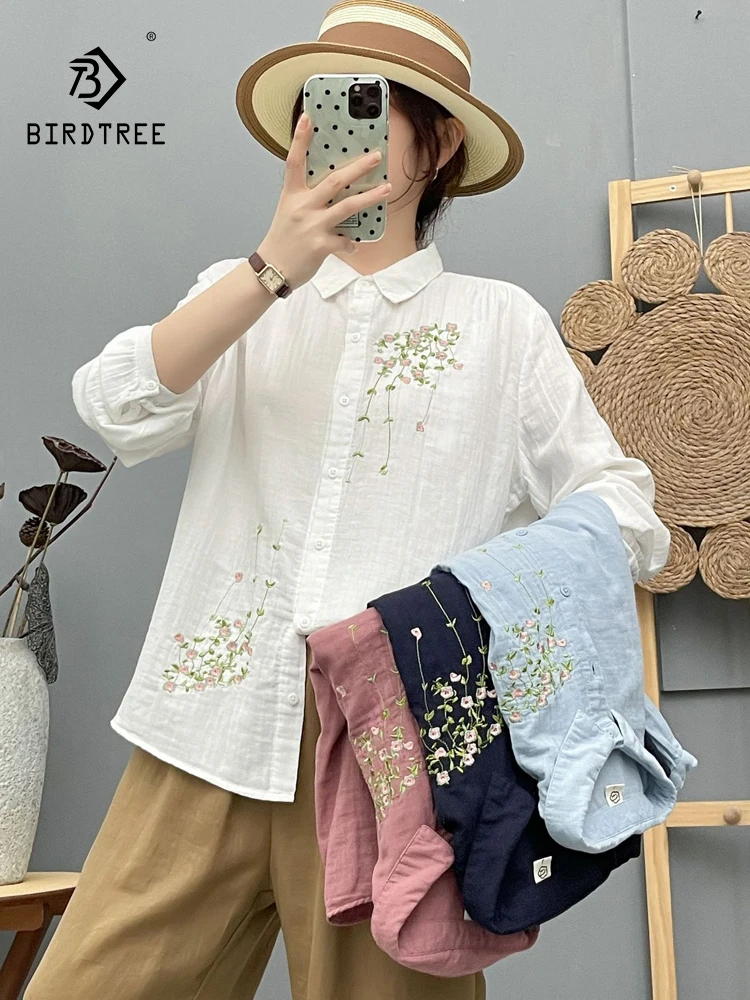 

New 2026 Spring Women Cotton Yarn Long Sleeve Shirt, Lapel Embroidery, Mori Girl OL Commute Breathable Loose Blouse T63228CC