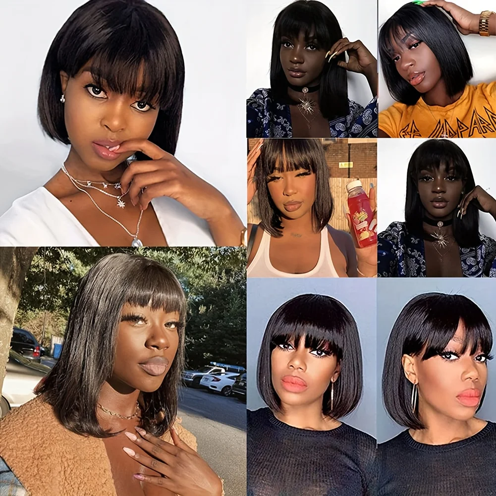 100% Human Hair Short Bob Wig with Bangs 3x1 HD Lace Wigs For Black Women Brazylijska peruka z prostymi włosami Bob Human Hair Wig