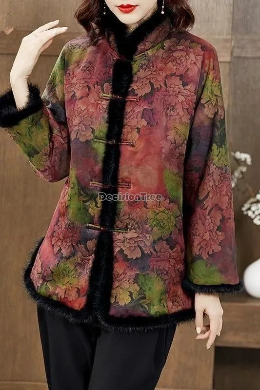 

Зимняя женская куртка-ципао 2025 года, утепленная, на хлопковой подкладке, в новом ретро-стиле, с принтом, с длинными рукавами, на пуговицах