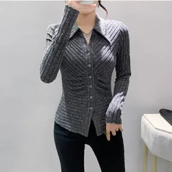 #8830 Gray Pink Blue Long Sleeve T Shirt Women Turn-down Collar Retro Office Tshirt Slim Buttons Sexy Short Shirt Autumn Winter