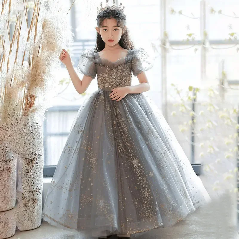 

Princess Tulle Dress for Girls Puffy Sleeve Birthday Party Ball Gown Teenage Glitter Beads School Graduation Pageant Dresses