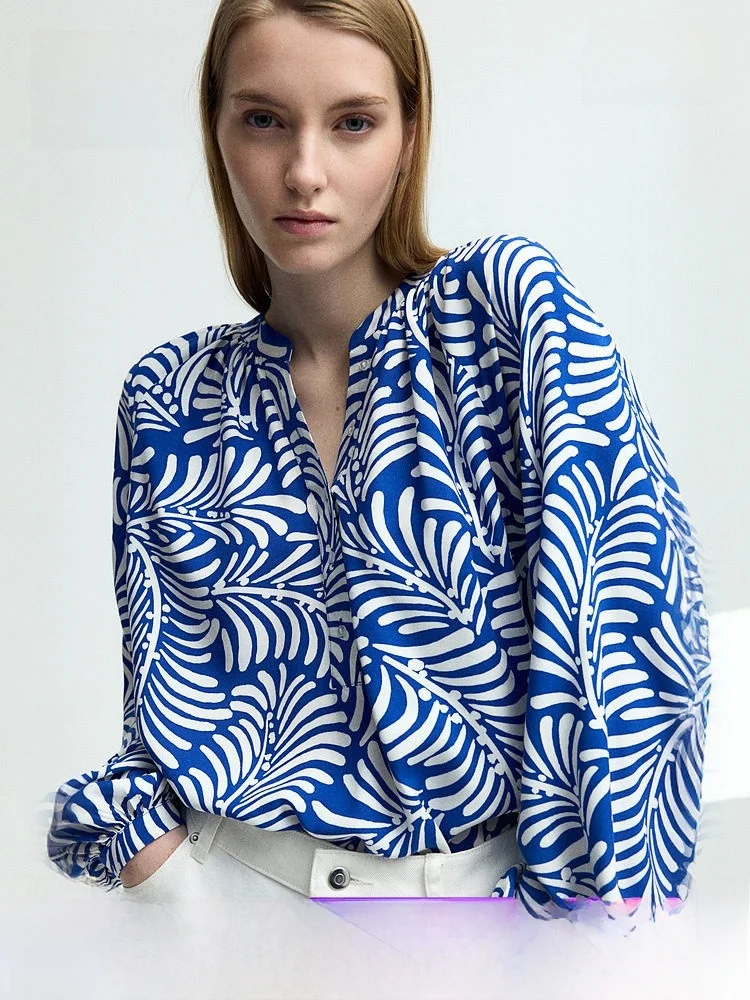 

Женская блузка H&M с цветочным принтом, свободного кроя, с рукавами-фонариками, дышащая, элегантная, во французском стиле, прямого кроя, с длинными рукавами