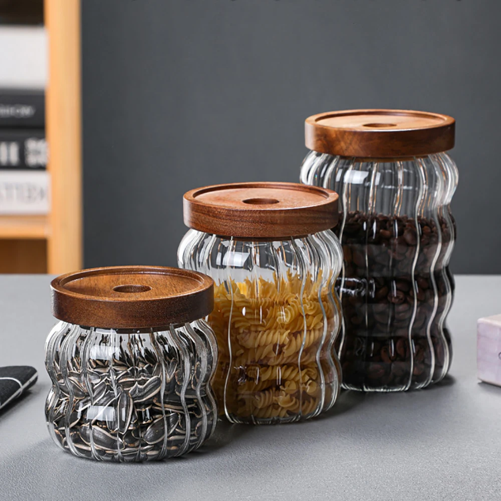 Striped Glass Sealed Jar With Lid Kitchen Food Container Gourd Shape Storage Bottle Tea Coffee Beans Grains Candy Jars Container