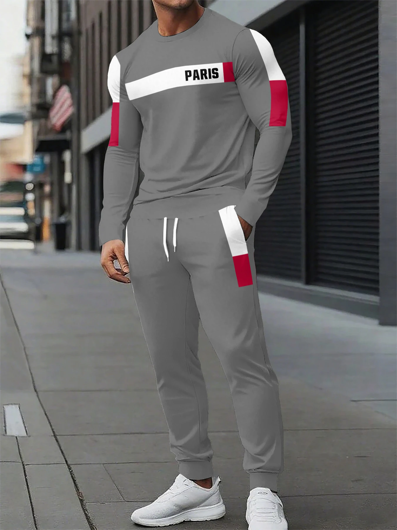 

Mens Cross Border Round Neck Tech Print Casual Sports Set Long sleeve Top Long Pants Loose fit Sweater and Sweatpants 2piece