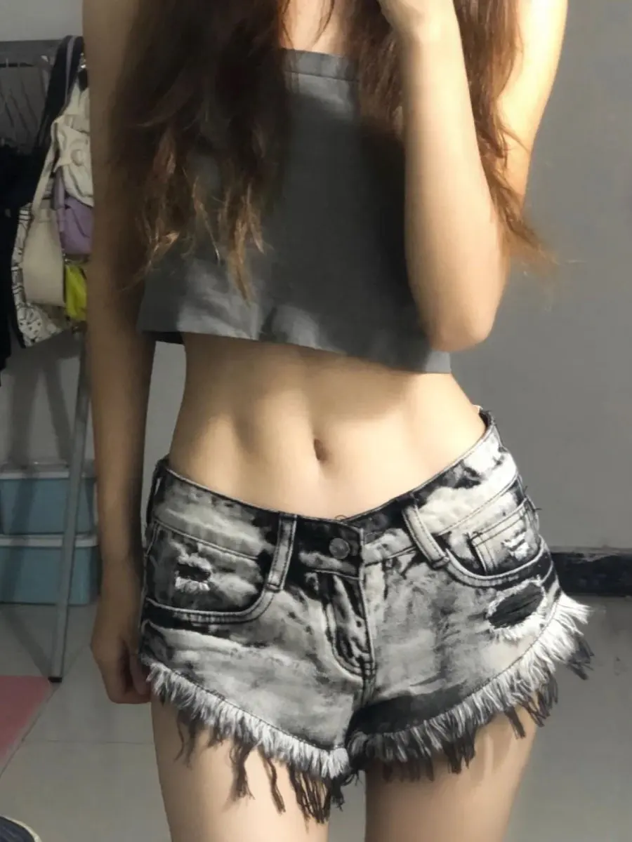 Women Grey Booty Denim Shorts Low Rise Tassel Short Jeans Dj Club Party Nightclub Shorts 2000s Y2k Gyaru Hot Pants Shorts Summer