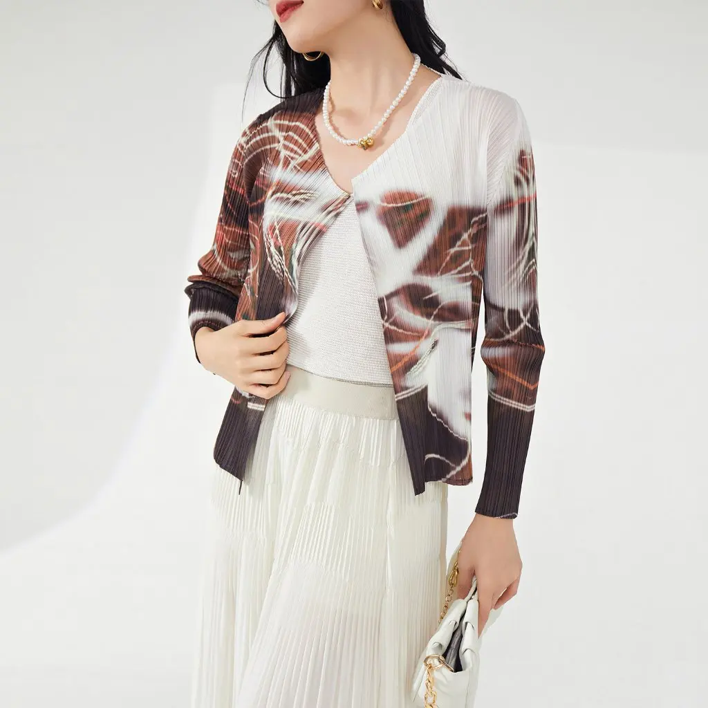 

Nanyou Women's Classy Miyake Cardigan Jacket Long-Sleeved Printed Casual Pleated Top Outer Wear for Spring And Summer