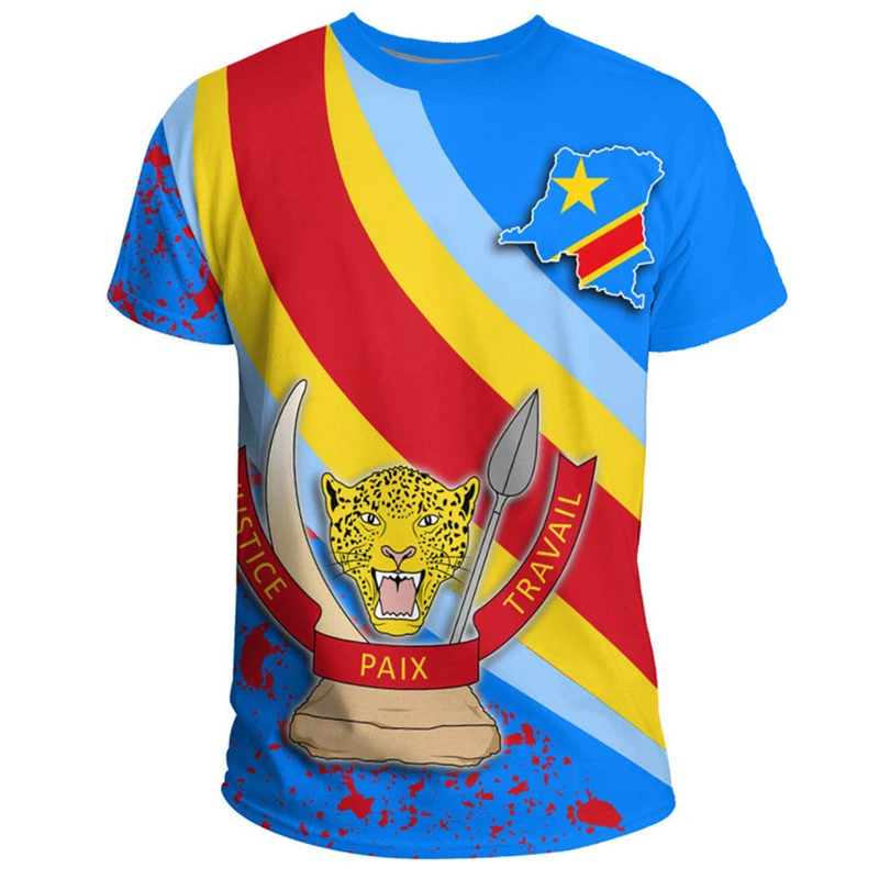 Democratic Republic of the Congo Flag 3D Printing National Emblem T-shirt Summer Casual Crew Neck Tee Shirts Short Sleeve Tops