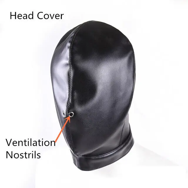 PU Leather BDSM Black PU Leather Hood Mask Full Head Face Cover Costume Restraint for Role Play Cosplay  Adult Toys Sexy Toys