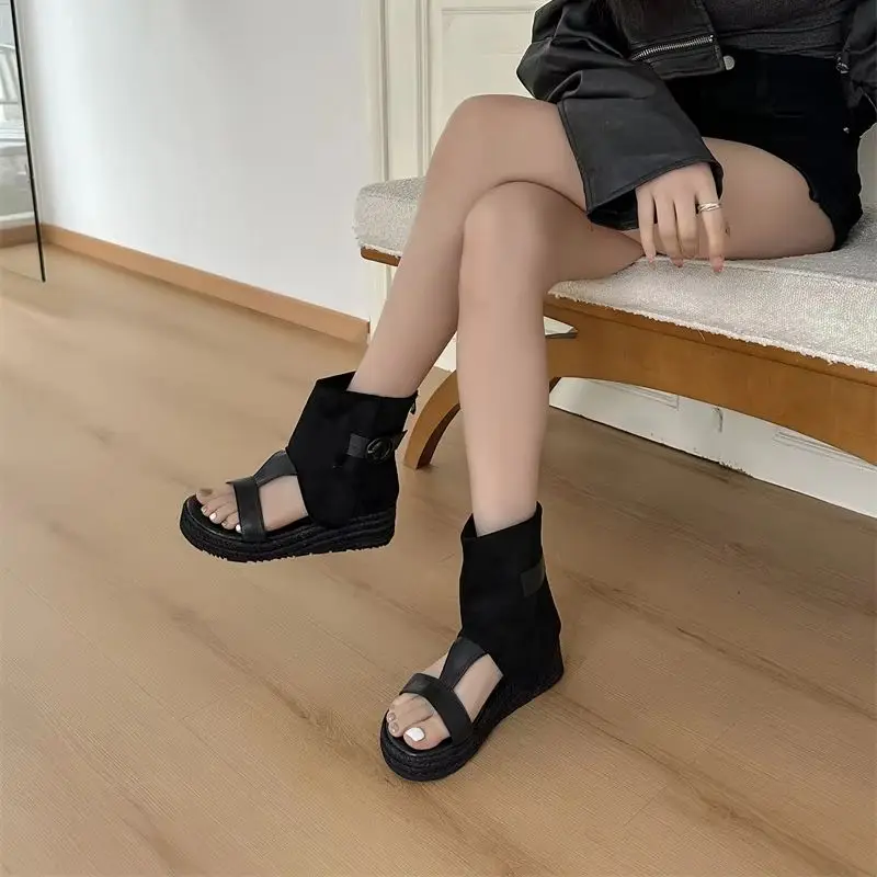 Sandalias Bohemia Boho Étnicas de Paja y Cáñamo con Cordones, Estilo Gladiador Romano, Botines de Verano con Recortes y Tacón Plano de Cuña Alta