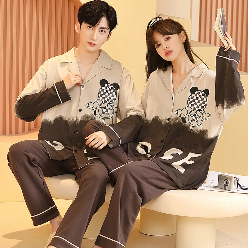 Two Pieces Couple Pajamas Sets For Men And Women Spring Printing Homewear Suit Pure Cotton Sleepwear Big  Male Female Nightwear