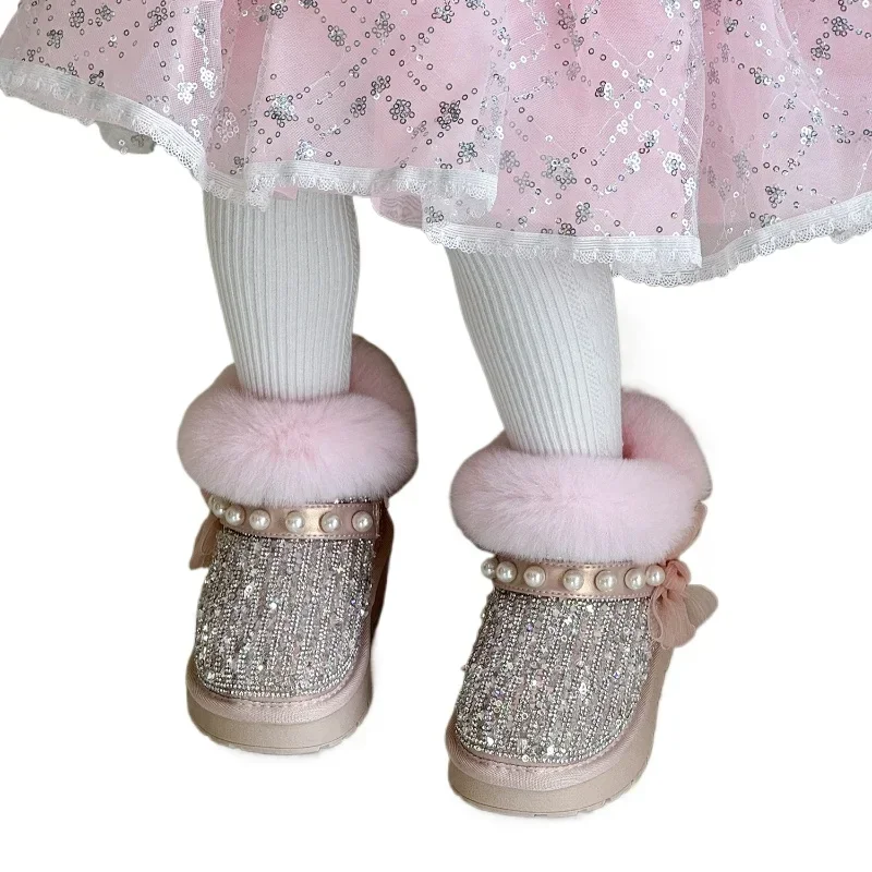

Winter Children Girls's Water Diamond Pearl Warm Snow Boots Kids Toddler Princess Bow Shoes Baby's Thick Boots 1-15 Years Old