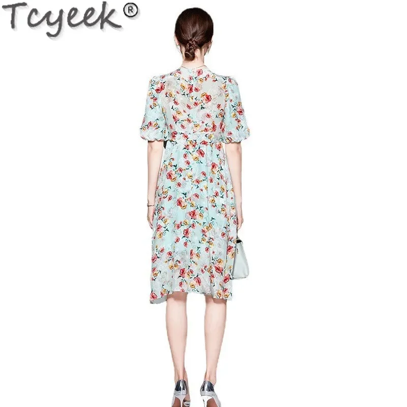 Tcyeek-vestido Midi de seda auténtica para mujer, ropa elegante de verano con cuello en V y cintura alta, 100%