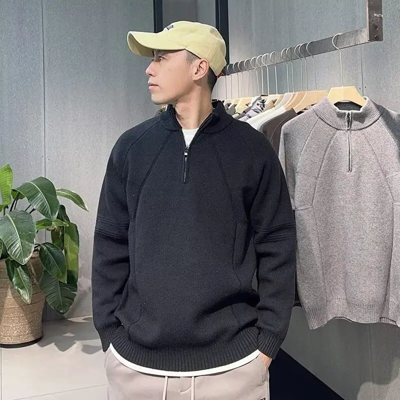 

Fall Winter V-Ne Knitted Cardigan Men's Color Casual Sle Loose Fit Long Sve Zipper Closure Outerwear