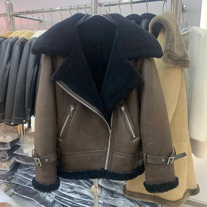 2024 Lady Fashion Shearling Jacket New Design Genuine Sheep leather Coat Women Thick Warm Moto Biker Jacket