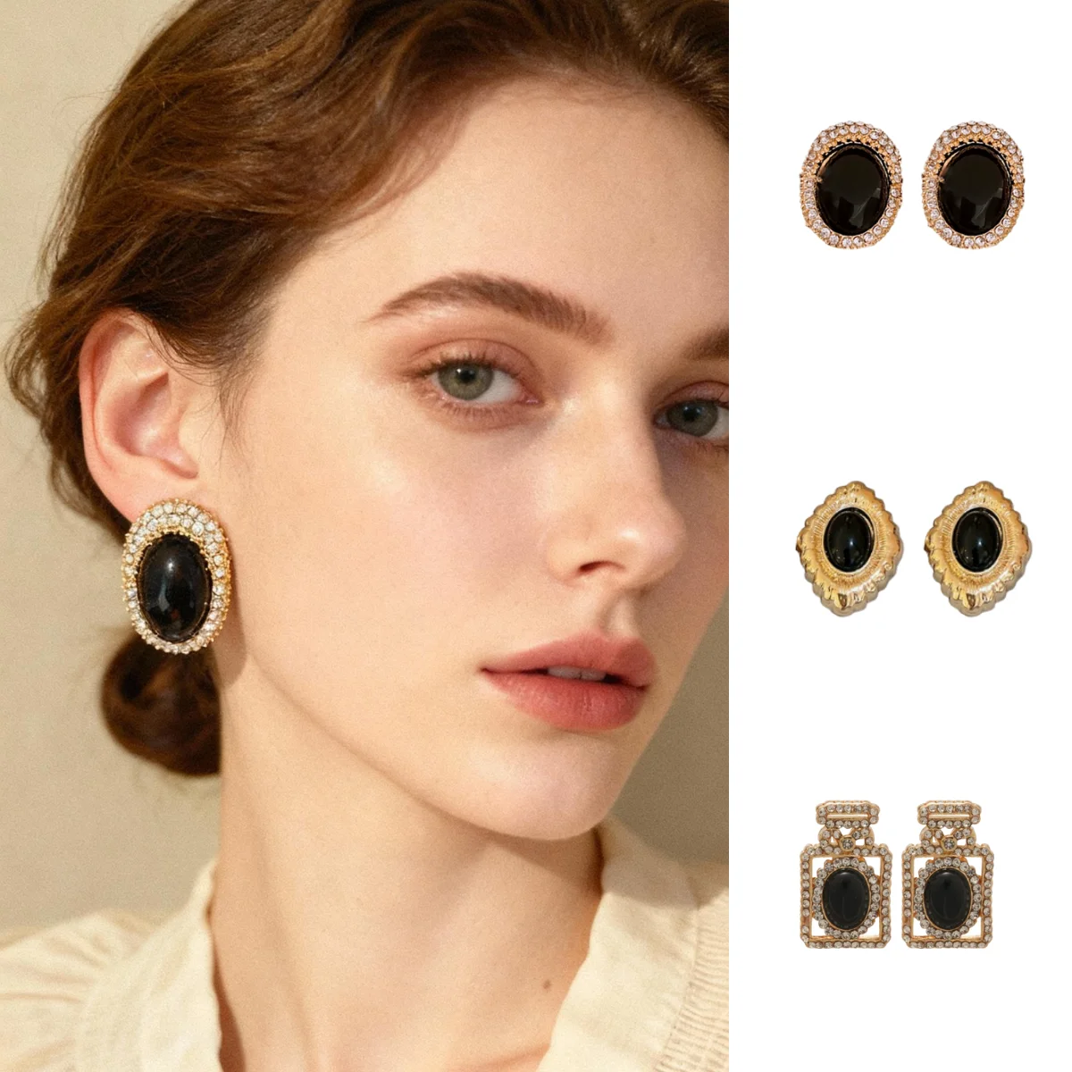 

Agate Rhinestone Oval Stud Earrings Vintage-Inspired Antique Court Style Earrings Luxurious and Sophisticated Woman Gifts