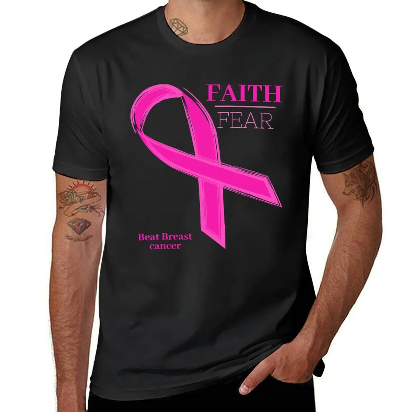 FAITH over Fear - Beat Breast Cancer T-Shirt summer top heavyweights customs Men's cotton t-shirt