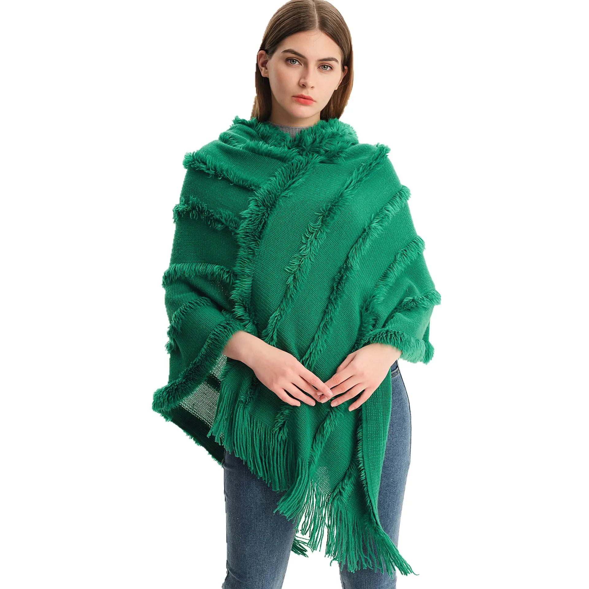 2024 New Winter Cape Shawl Women\'s Solid Color Hooded Sweater Knitted Pullover Cape Shawl