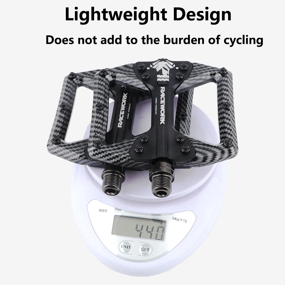 RACEWORK Bicycle Pedals 3 Bearings Mountain Road Bike Carbon Fiber Coating Ultralight Flat Pedal MTB Aluminum Alloy Nylon Pedal