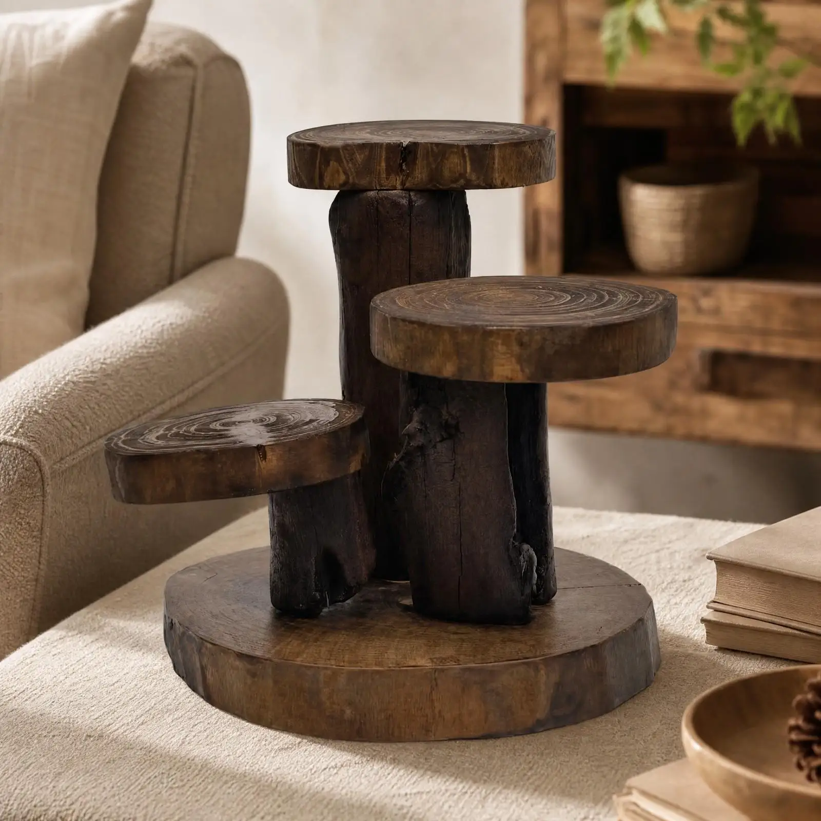 Solid Wood Plant Display Stand Rustic Walnut Finish Plant Stand Flower Pot Holder Vintage Versatile for Desktop, Balcony