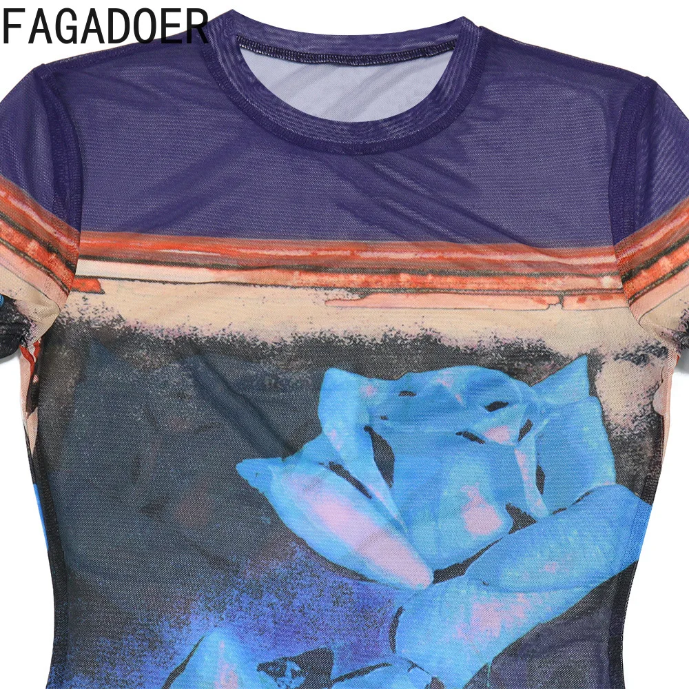 فستان FAGADOER مثير بطباعة نمط صغير فستان نسائي شبكي شفاف بأكمام قصيرة فساتين نسائية صيف 2025 جديد