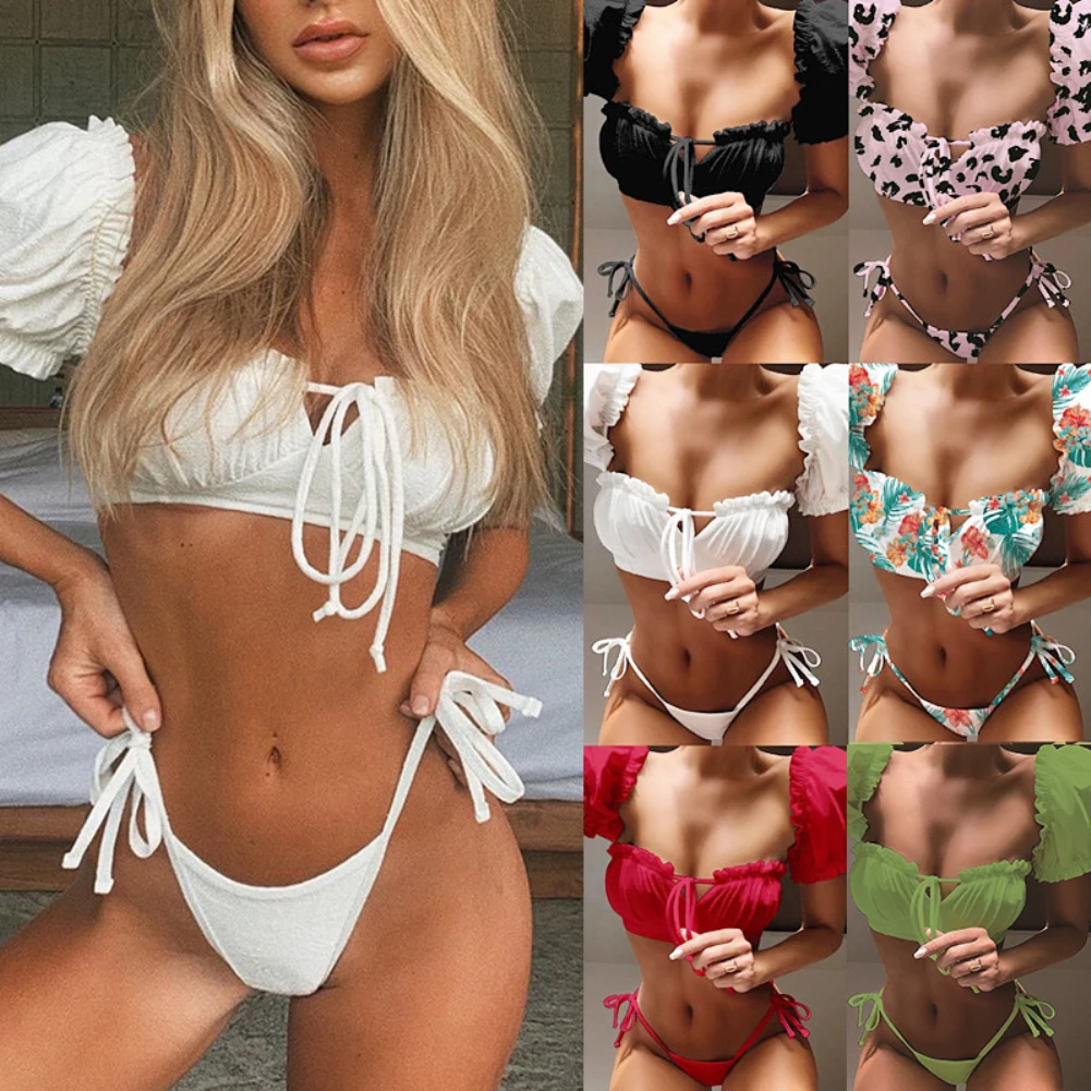 Kobiety Solid Color z krótkim rękawem usztywniany stanik bandażowy figi strój kąpielowy Bikini Set słodkie nadruki koronkowe fantazyjne piękne