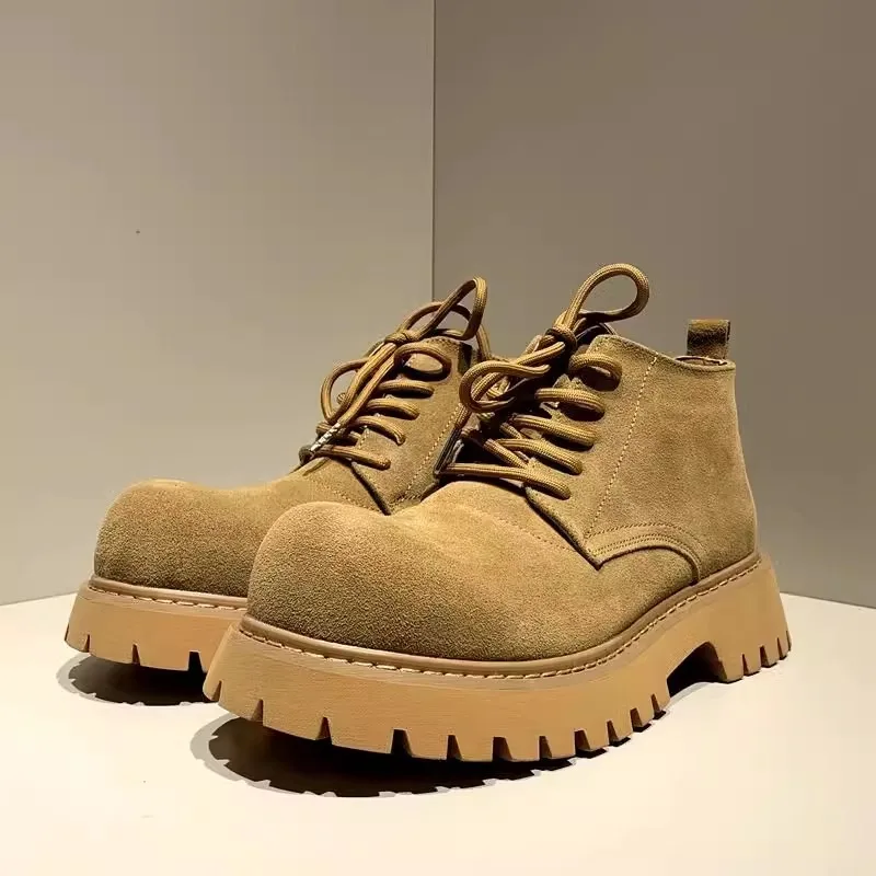 

Men's Winter Boots Thick Bottom Heightening Fleece Lined Shoes British Style High Top Leather Shoes