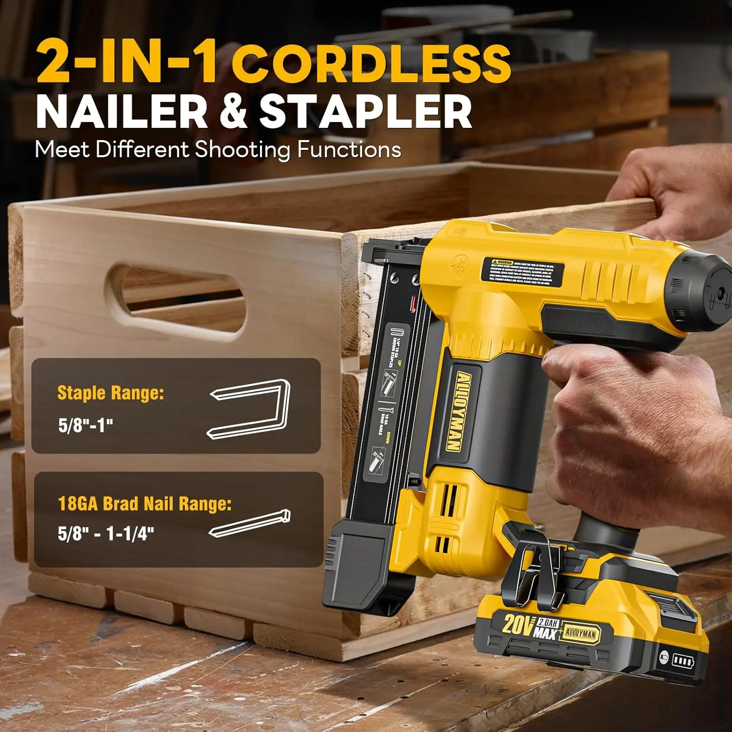 Cordless Brad Nailer/Electric Stapler with 2.0Ah Battery and Charger,1000pcs Nails and 500pcs Staples Included for Home Improvem