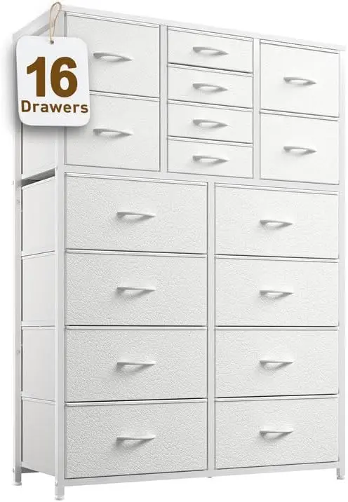 White Dresser,Dresser for Bedroom with 16 Drawers, Tall Dressers & Chests of Drawers with Wood Top, Metal Frame,Tall