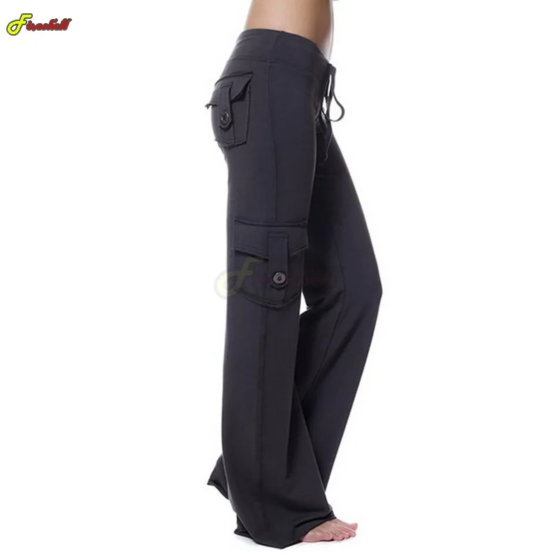 Women Long Pants Gym Fitness Elastic Waist Button Pockets Punk Sweatpants Classic Costumes Exercise Running Loose Long Trousers