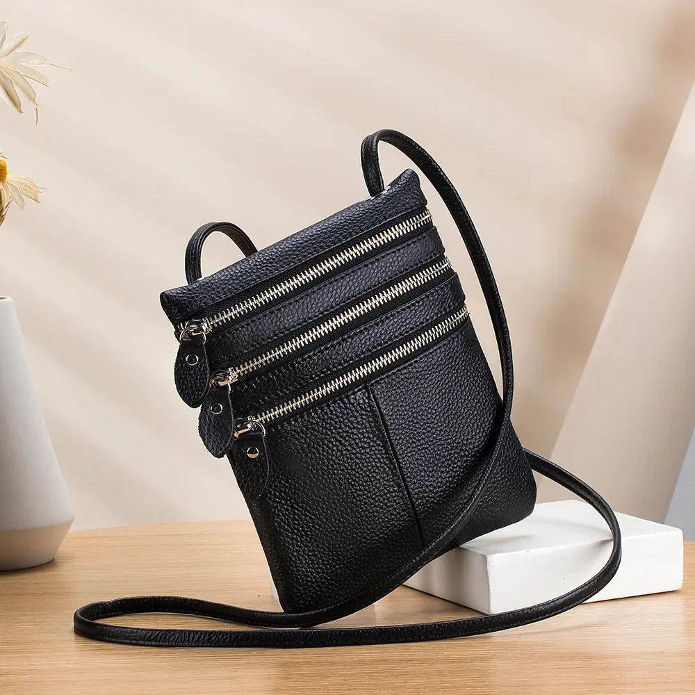 New Mobile Phone Soft Vertical Three-zipper Single Shoulder Crossbody Leather Fashion Women's Bag Trend