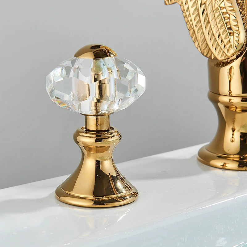 Golden Swan Shape Bathroom Faucet Basin Faucet Tap  Bathtub  Two Crystal Handles Hot Cold Mixer Crane Basin  Tap