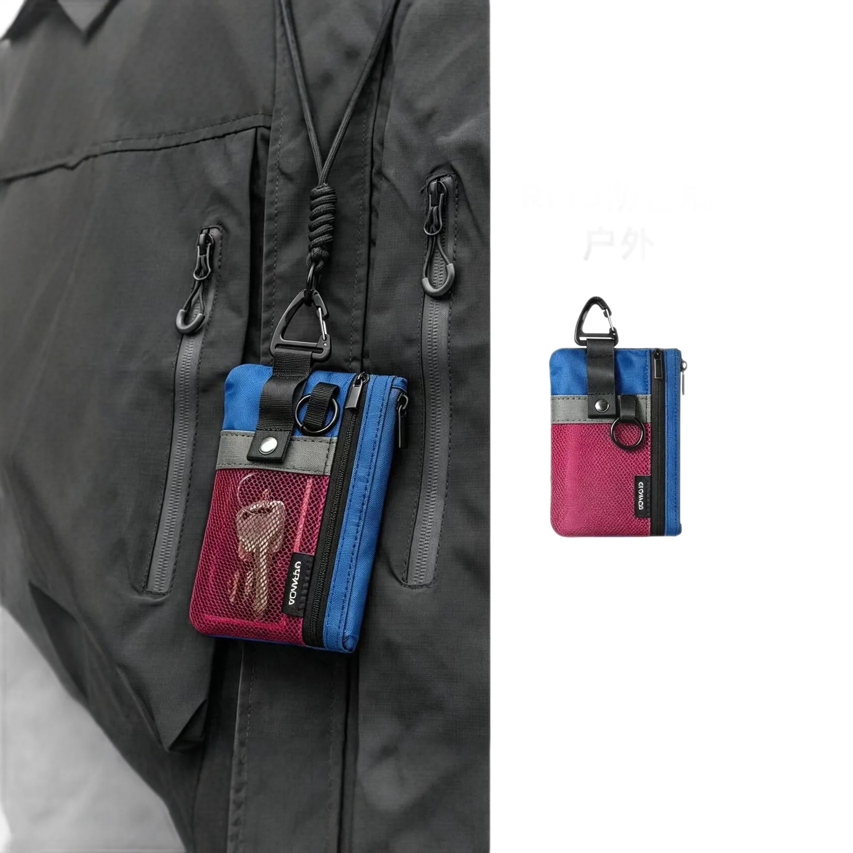 Kleines minimalistisches Portemonnaie für Damen und Herren mit RFID-Schutz, Reißverschluss-Münzfach mit Ausweisfenster und Schlüsselanhänger, Reise-Lanyard-Geldbörse – Detail 2