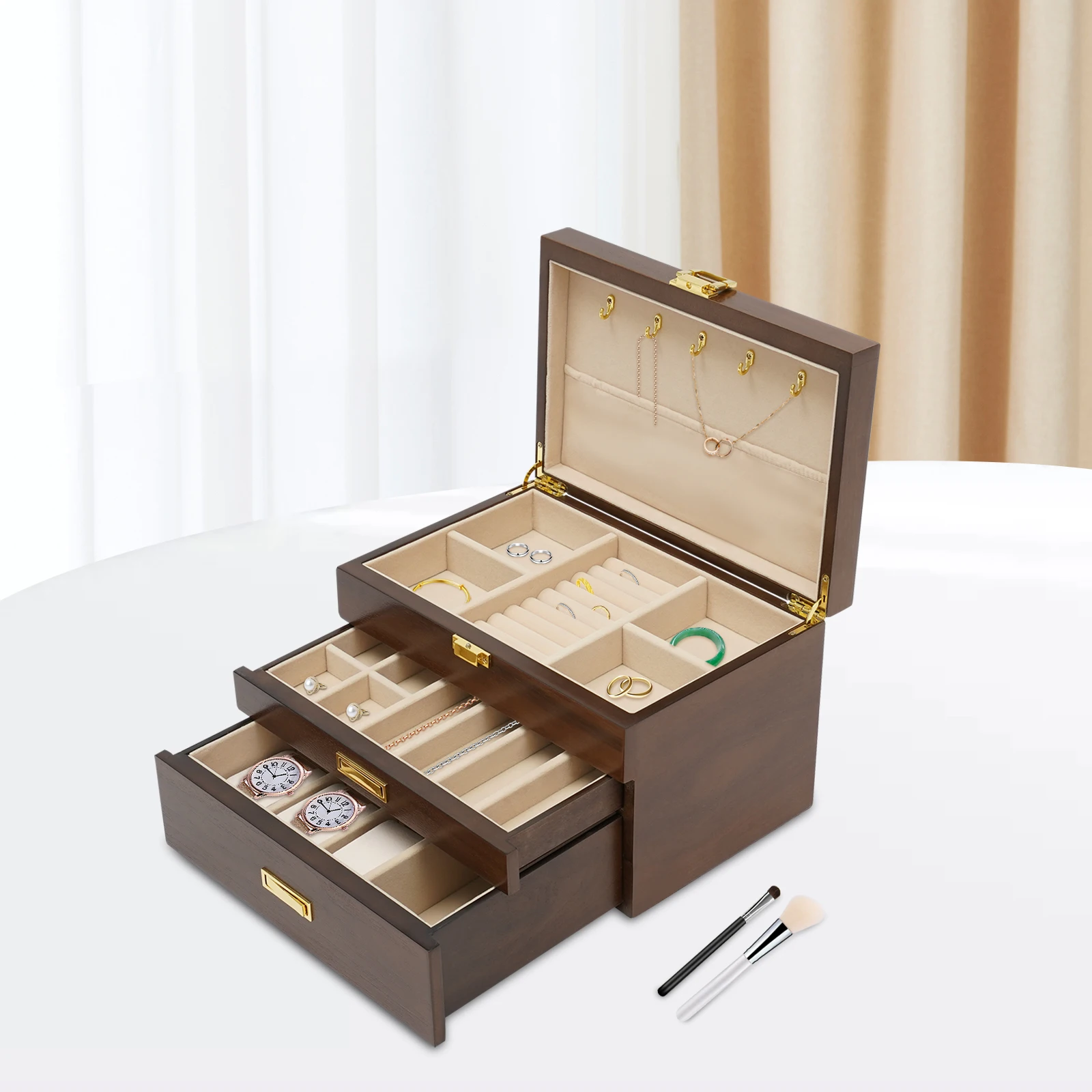 

Шкатулка для украшений 28*19*18 см для женщин, органайзер для ювелирных изделий, коробка из черного ореха для хранения серег, колец, ожерелий, браслетов