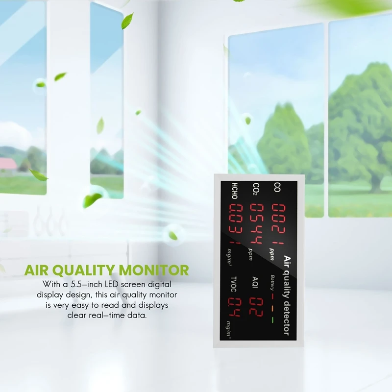 Moniteur de qualité de l'air multifonction 5 en 1 avec affichage LED, détecteur de pollution de l'air, CO, CO2, HCHO, AQI, TVOC, extérieur, intérieur