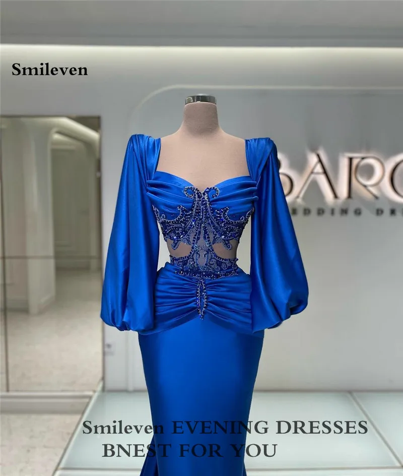 Smileven-vestido de noche de sirena azul real, manga larga abullonada, de encaje, para baile de graduación, Arabia Saudita, vestido de fiesta con