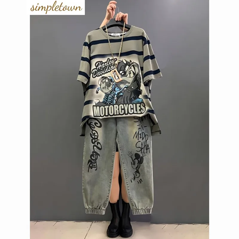 Fat Mm Large Women's Spring New Mid Length Asymmetric Short Sleeve T-shirt Style Graffiti Jeans Two Piece Set Fashion