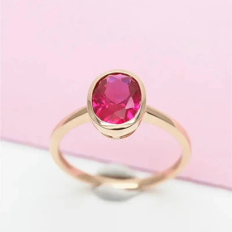 585 Purple Gold Plated 14K Rose Gold Inlaid Oval Simple Ruby Rings for Couples Charm Elegant and Refined Romantic Jewelry