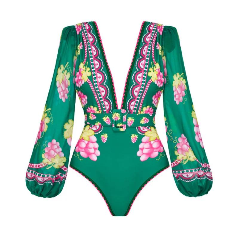 2024 Women Swimwear One Piece Long-sleeved Retro Green Grapes Swimsuit Set Beachwear Bathing Suit Bikini Monokini Bodysuit