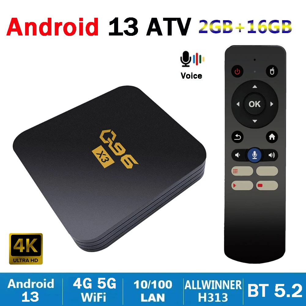 

Q96 X3 ATV Smart TV Box Android 13 Allwinner H313 Quad Core 4K UHD 2GB 16GB 2.4G 5G WIFI BT 5.2 Voice remote control Set Top Box